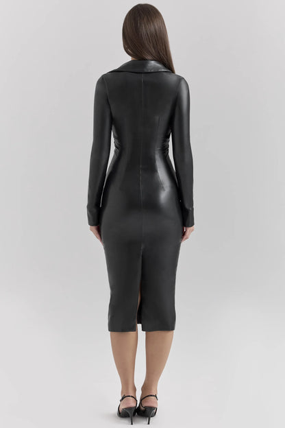 Viola Black Vegan Leather Long Sleeve Midi Dress