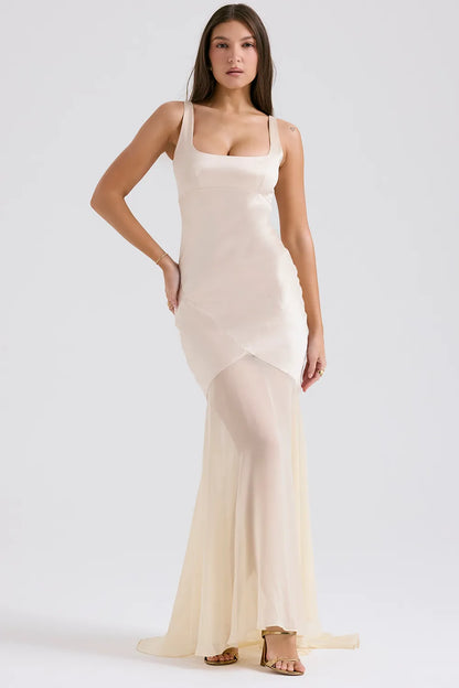 Vittoria Champagne Chiffon Floor Length Gown