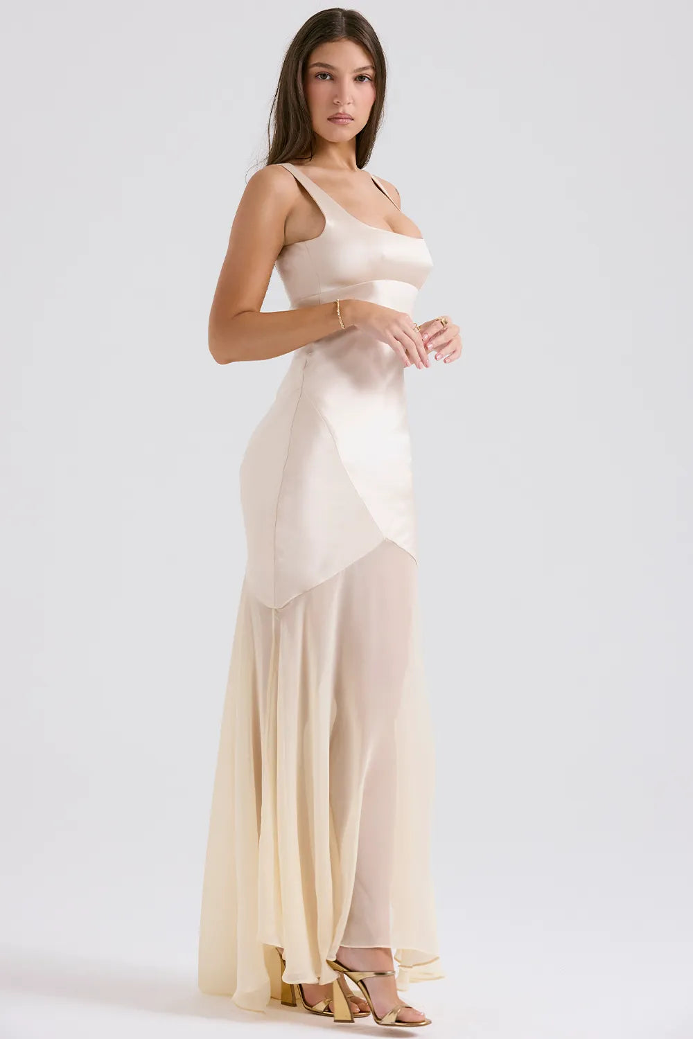 Vittoria Champagne Chiffon Floor Length Gown