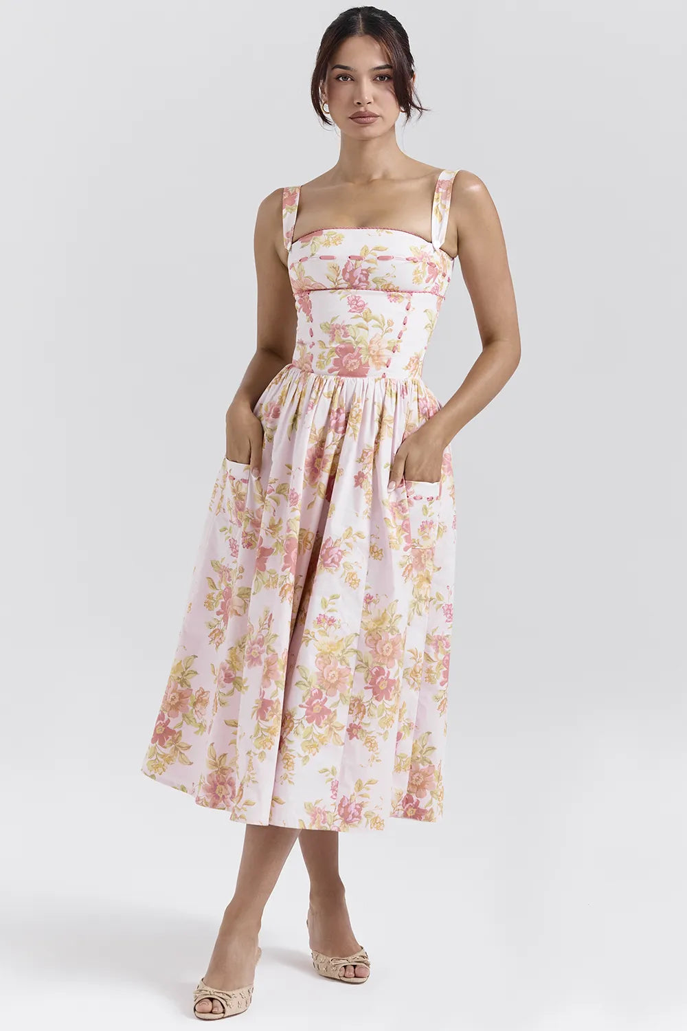 Vivien Peach Poppy Print Cotton Midi Sundress
