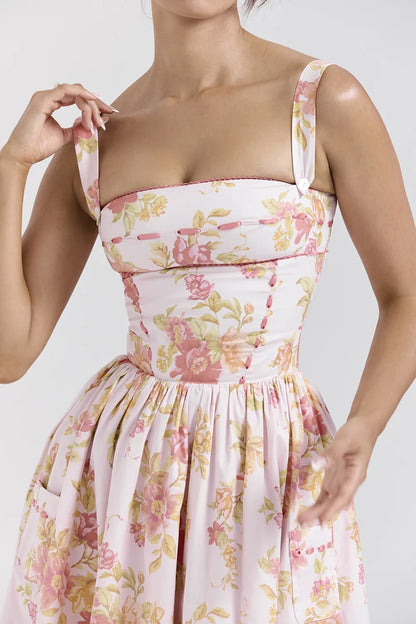 Vivien Peach Poppy Print Cotton Midi Sundress
