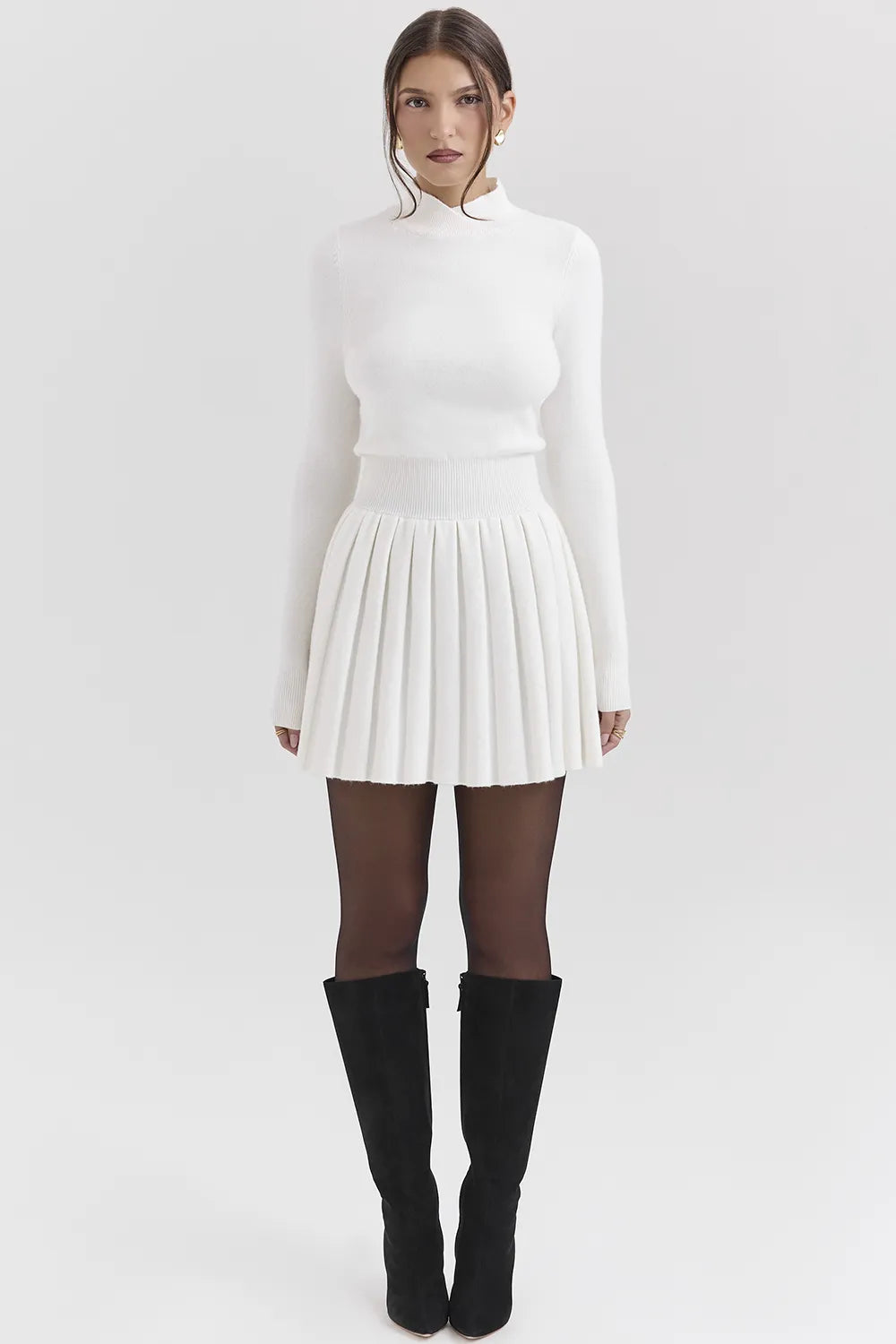 Willow White Cashmere Blend Pleated Skated Mini Dress