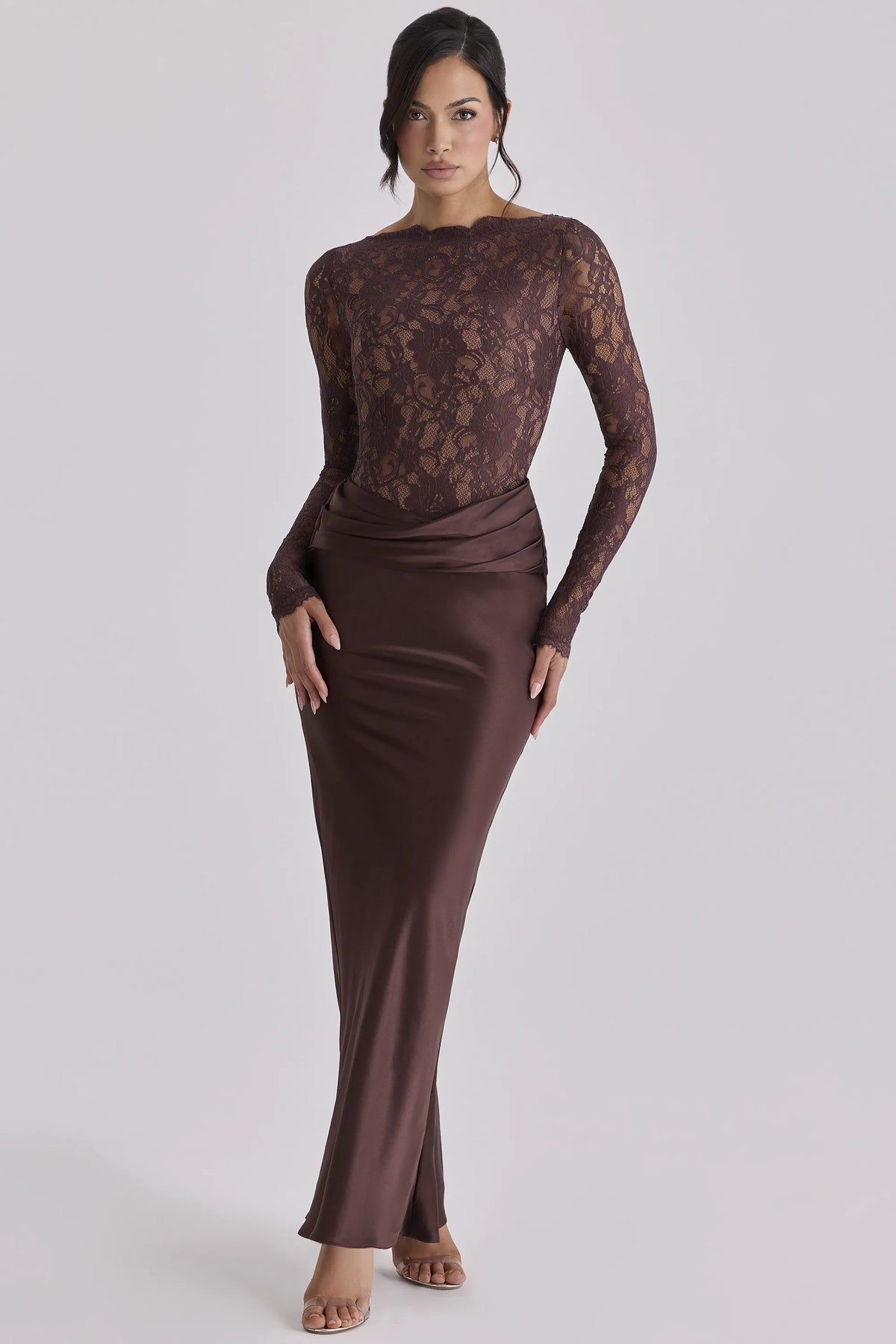 Yasmeen Espresso Brown Lace + Satin Draped Maxi Dress