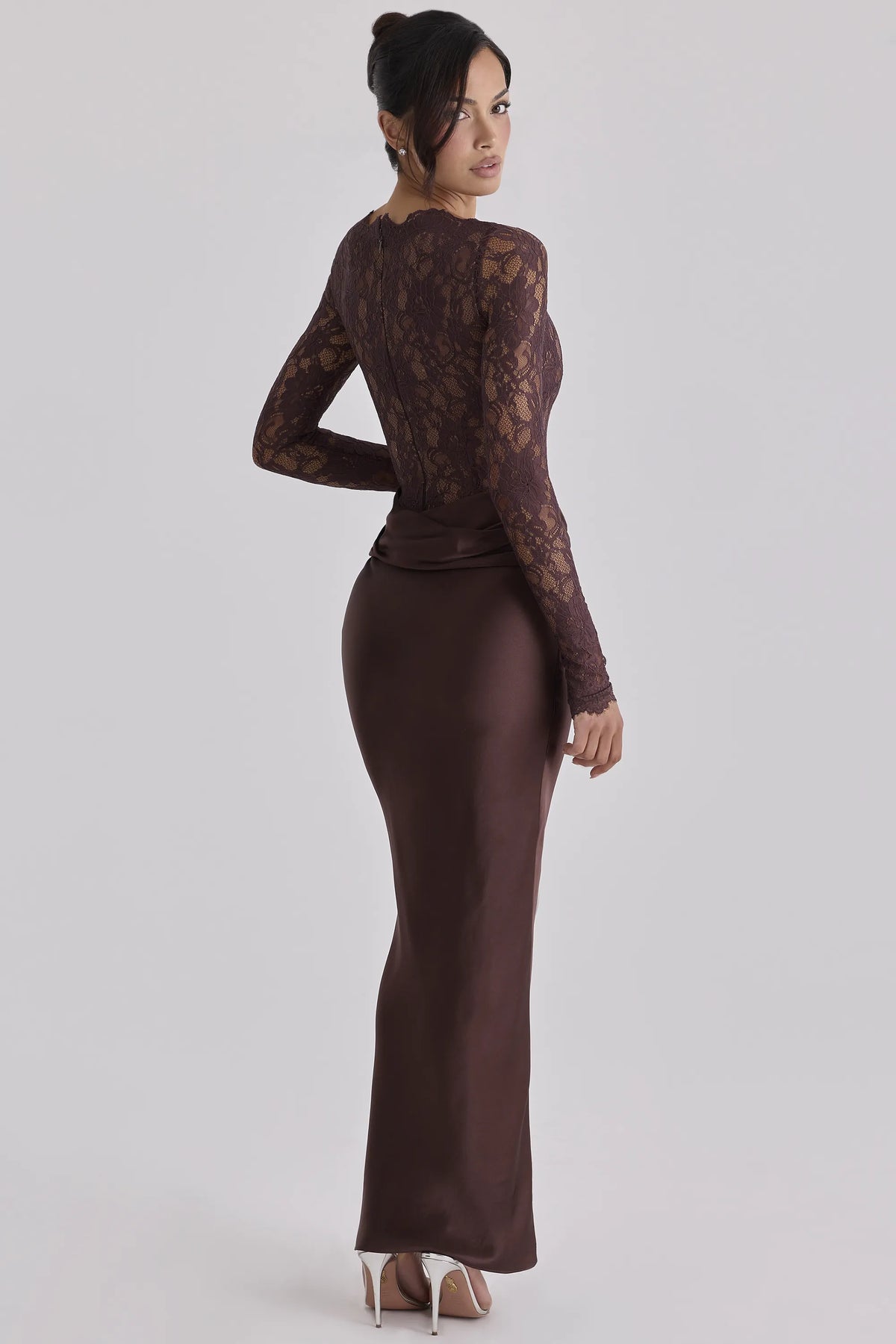 Yasmeen Espresso Brown Lace + Satin Draped Maxi Dress