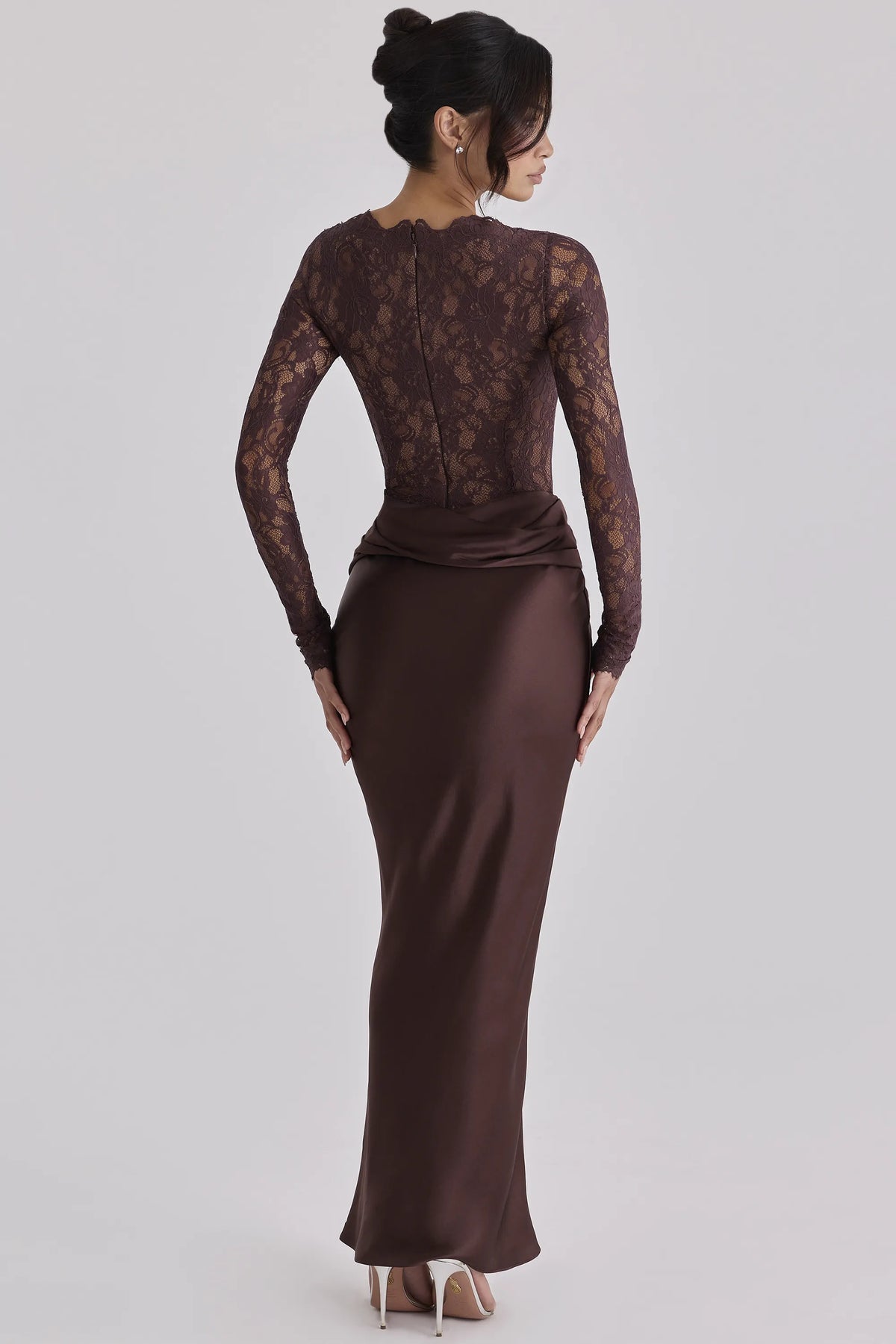 Yasmeen Espresso Brown Lace + Satin Draped Maxi Dress