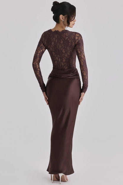 Yasmeen Espresso Brown Lace + Satin Draped Maxi Dress