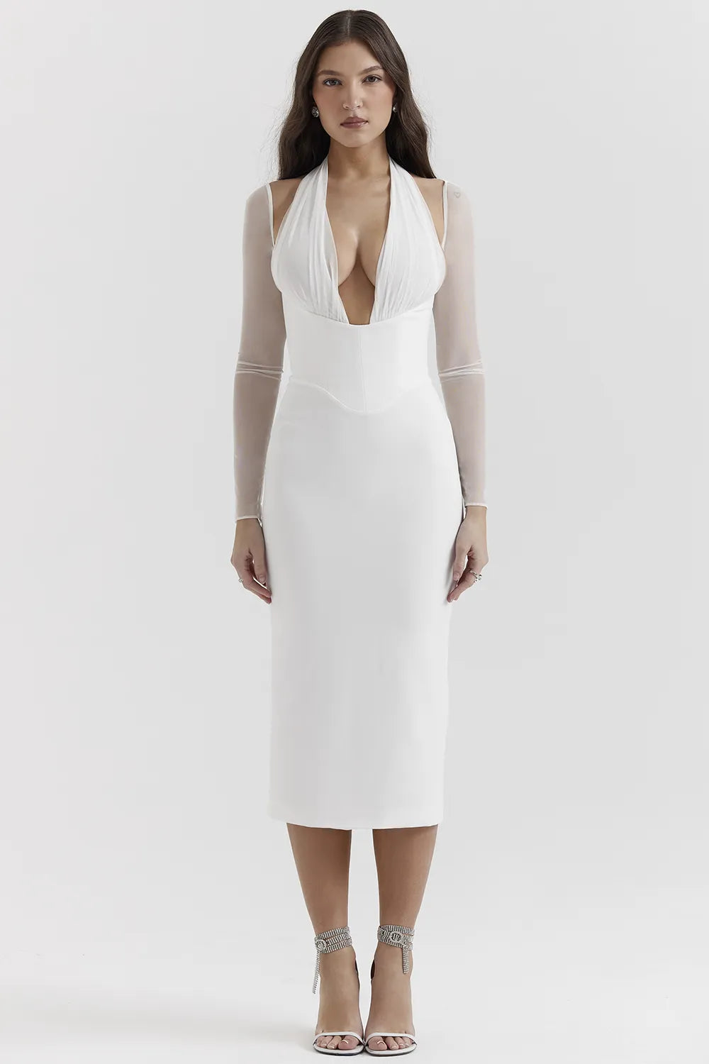 Yasmin White Plunge Midi Dress