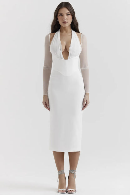 Yasmin White Plunge Midi Dress