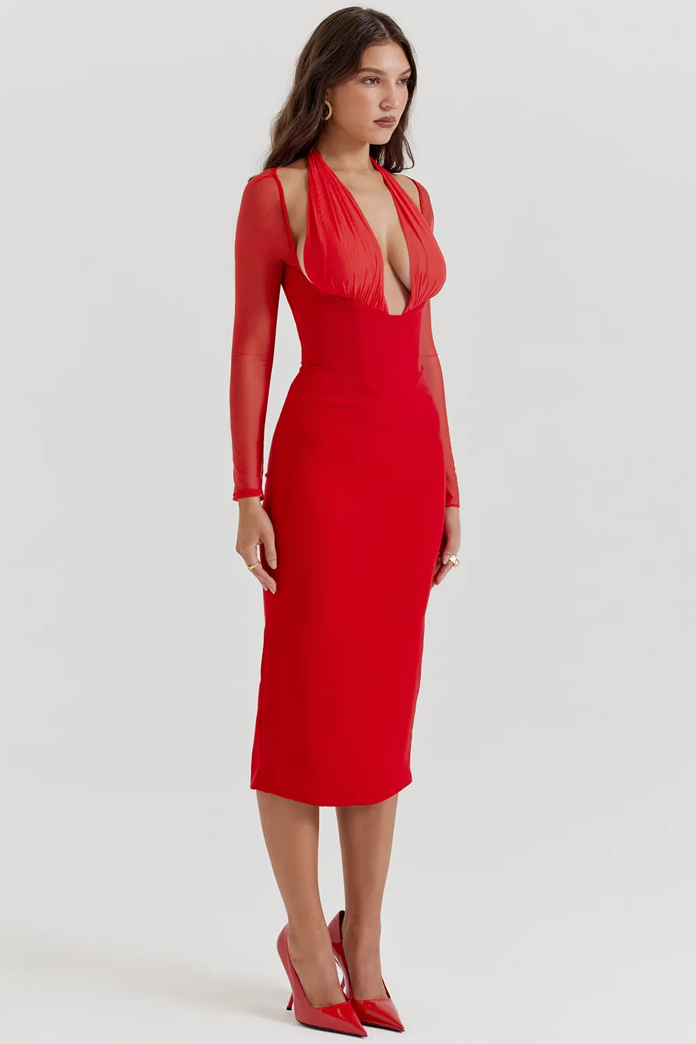 Yasmin Scarlet Plunge Midi Dress
