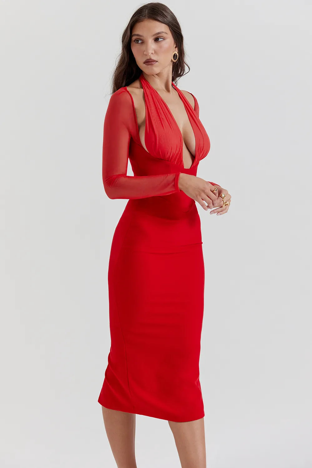 Yasmin Scarlet Plunge Midi Dress