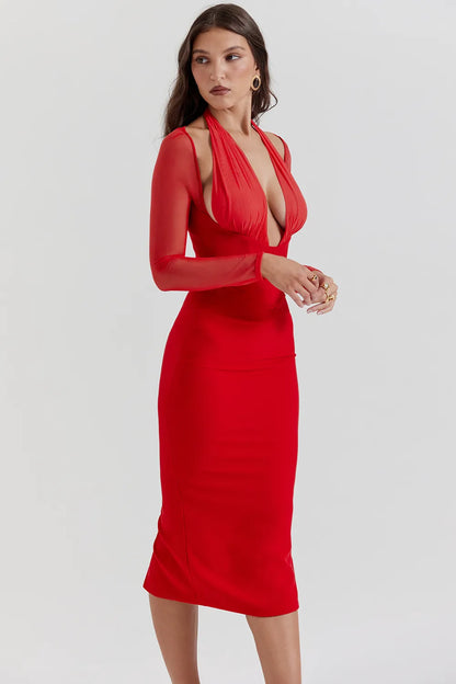 Yasmin Scarlet Plunge Midi Dress