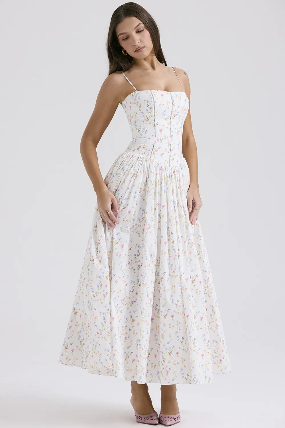 Ysabella White Posy Print Cotton Maxi Sundress