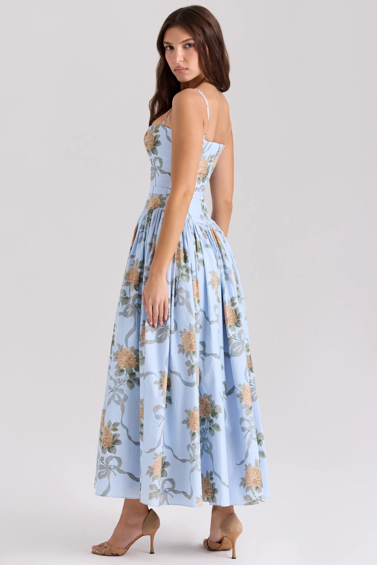 Ysabella Blue Vintage Rose Print Cotton Midi Sundress