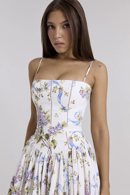 Ysabella Off White Vintage Ribbon Print Cotton Midi Sundress