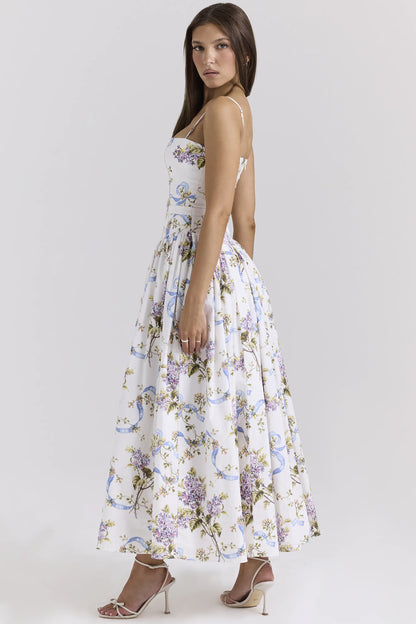 Ysabella Off White Vintage Ribbon Print Cotton Midi Sundress