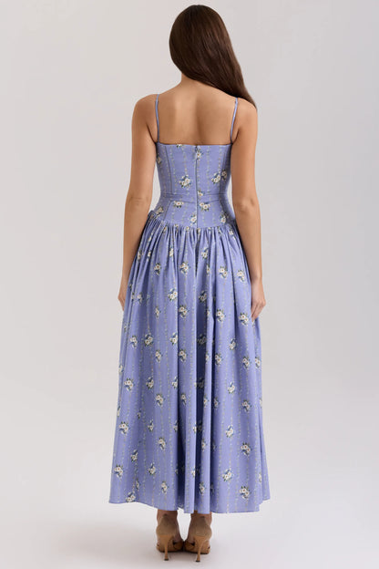 Ysabella Blue Daisy Print Stretch Cotton Midi Sundress