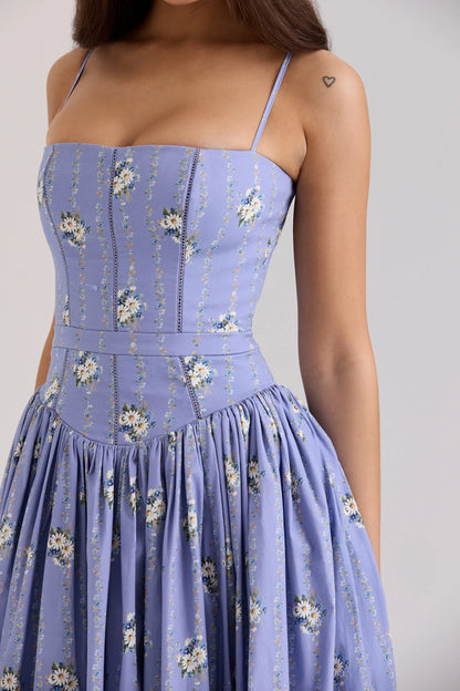 Ysabella Blue Daisy Print Stretch Cotton Midi Sundress