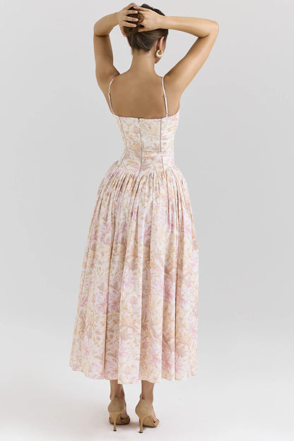 Ysabella Peach Floral Print Stretch Cotton Midi Sundress