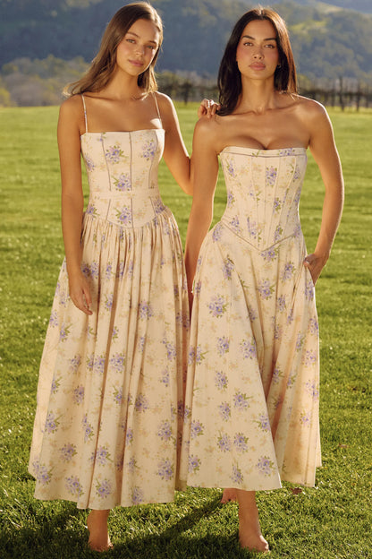 Ysabella Ivory Sweet Peony Floral Print Cotton Midi Sundress