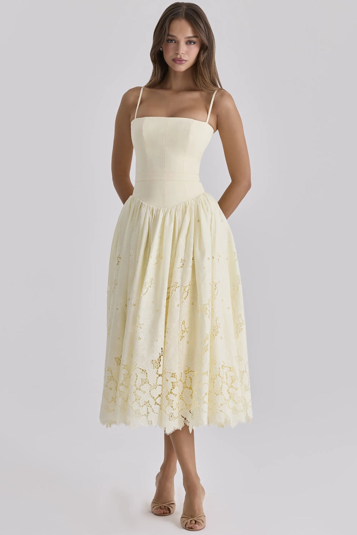 Ysabella Lemon Custom Lace + Broderie Anglaise Midi Sundress