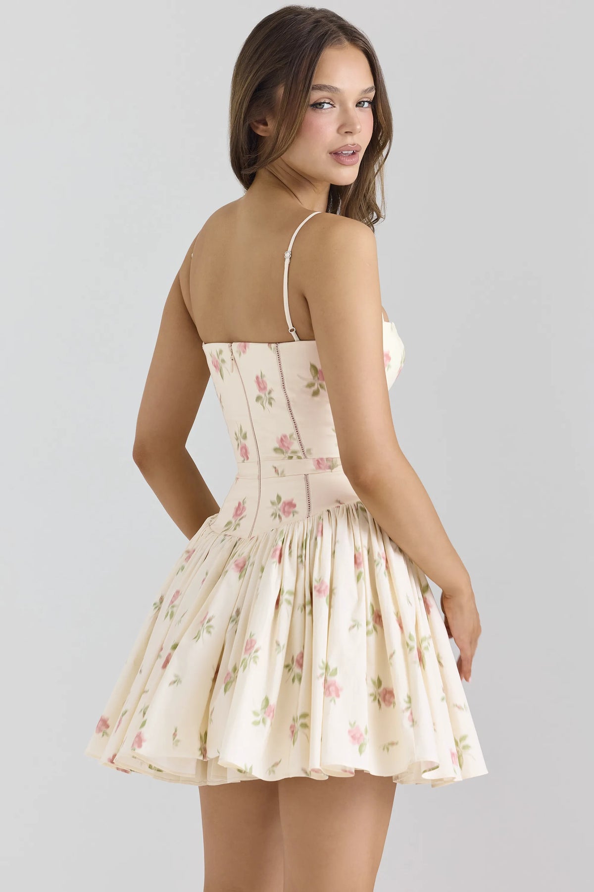 Ysabella Cream Rose Print Stretch Cotton Mini Sundress
