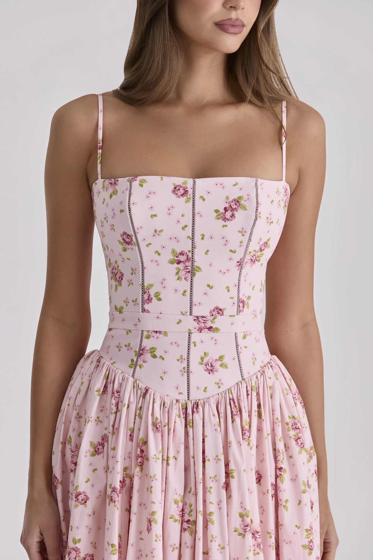 Ysabella Pink Vintage Rose Print Cotton Midi Sundress