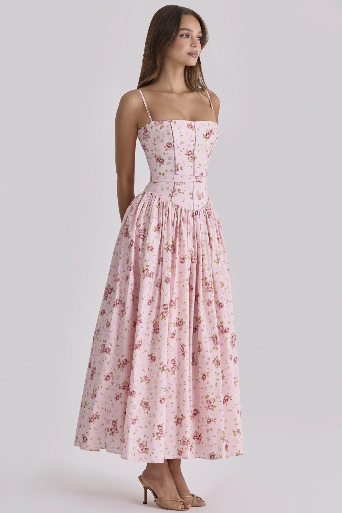 Ysabella Pink Vintage Rose Print Cotton Midi Sundress