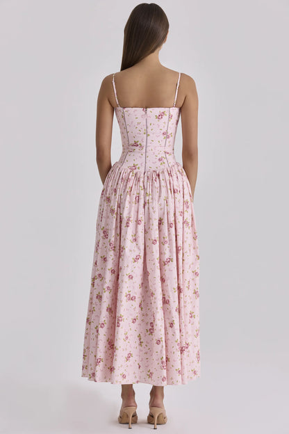 Ysabella Pink Vintage Rose Print Cotton Midi Sundress