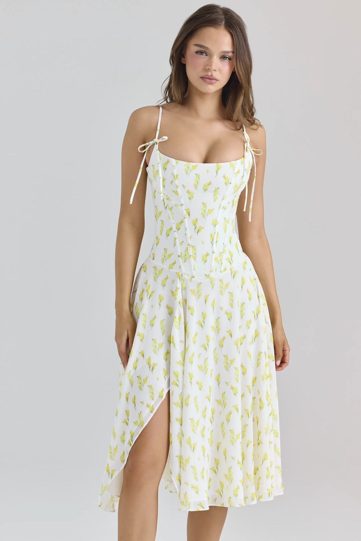 Yvette Lemon Floral Print Georgette Midi Dress
