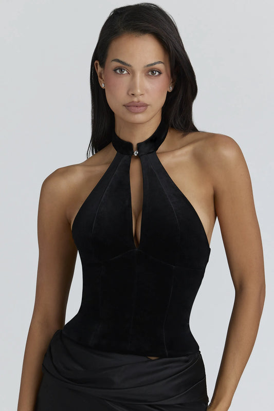 Zia Black Velvet Halter Neck Top
