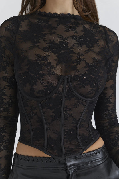Zoe Black Lace Long Sleeve Corset Top